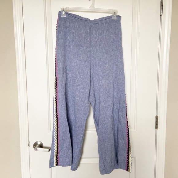 FOR CYNTHIA Blue Zig Zag Linen Blend Wide Leg Pant - Picture 1 of 5